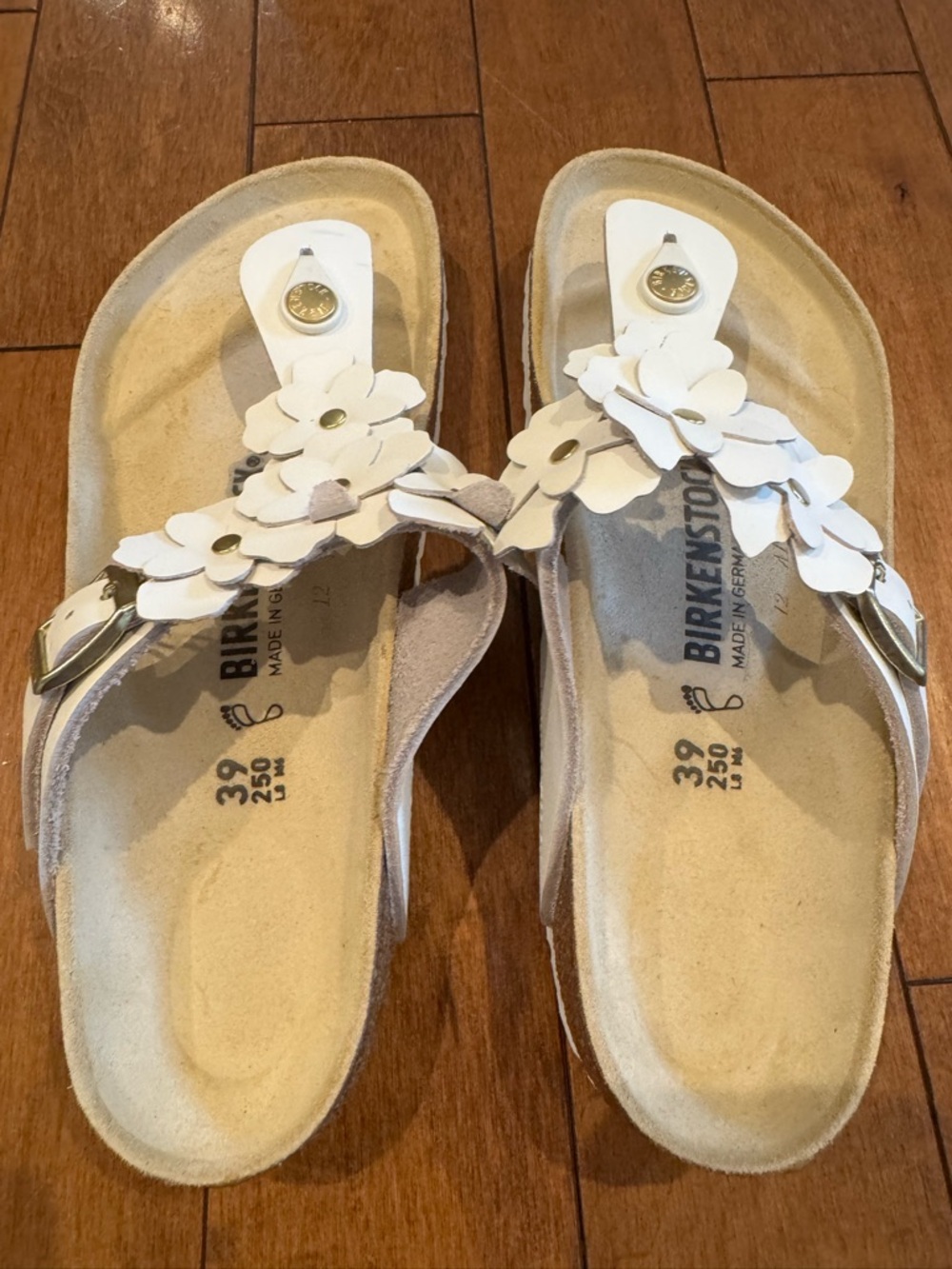Birkenstock White Floral Toe-Post Sandals with Gold Studs